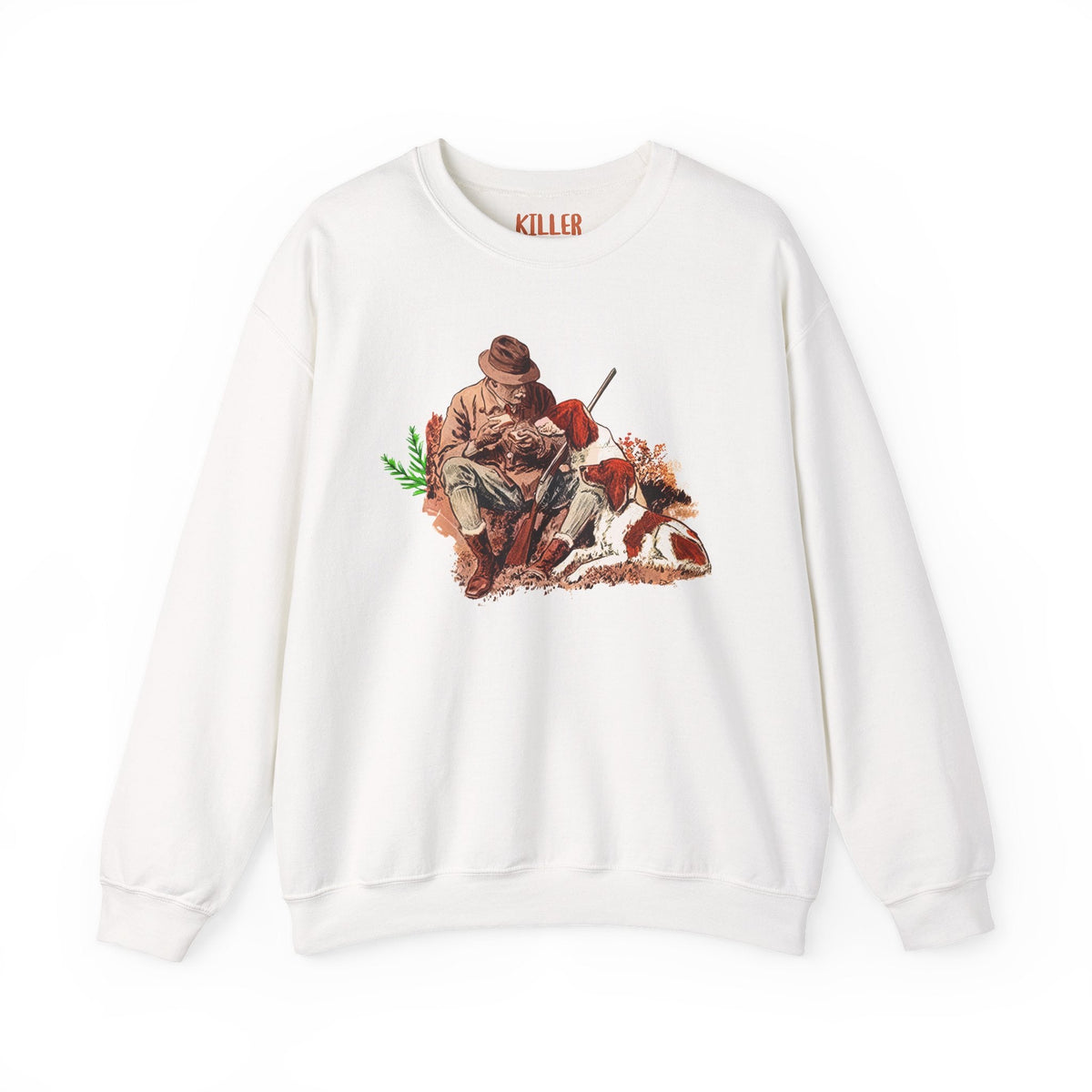 hunter and hound vintage crewneck sweatshirt - white crewneck with vintage hunter and loyal hound illustration, cozy medium-heavy knit