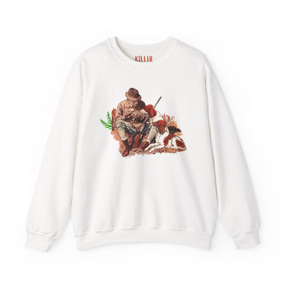 hunter and hound vintage crewneck sweatshirt - white crewneck with vintage hunter and loyal hound illustration, cozy medium-heavy knit