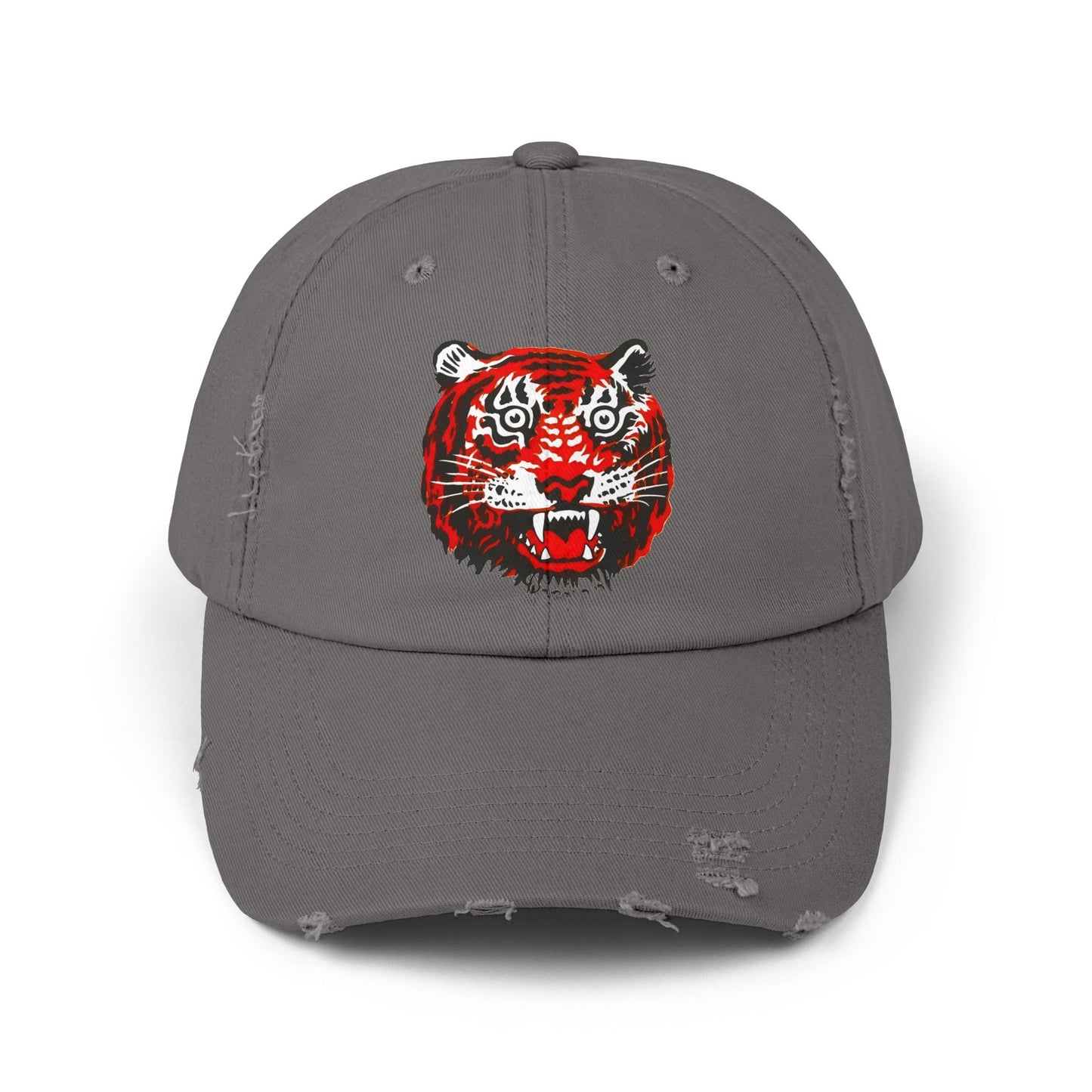 Distressed Cap with Embroidered Tiger Head