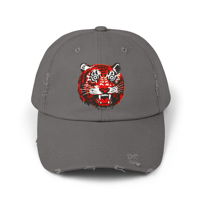 Distressed Cap with Embroidered Tiger Head