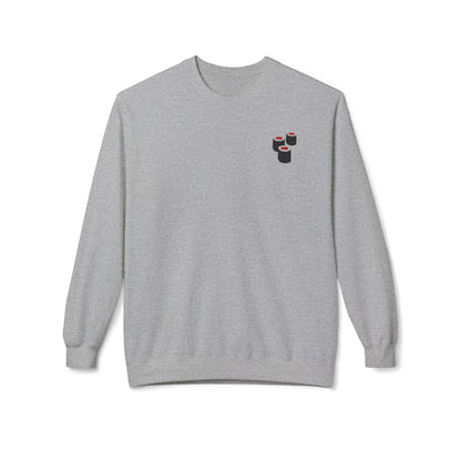 Alt Tag: vintage sushi kaiju sweatshirt front view heather gray crewneck with small sushi motif over the heart
