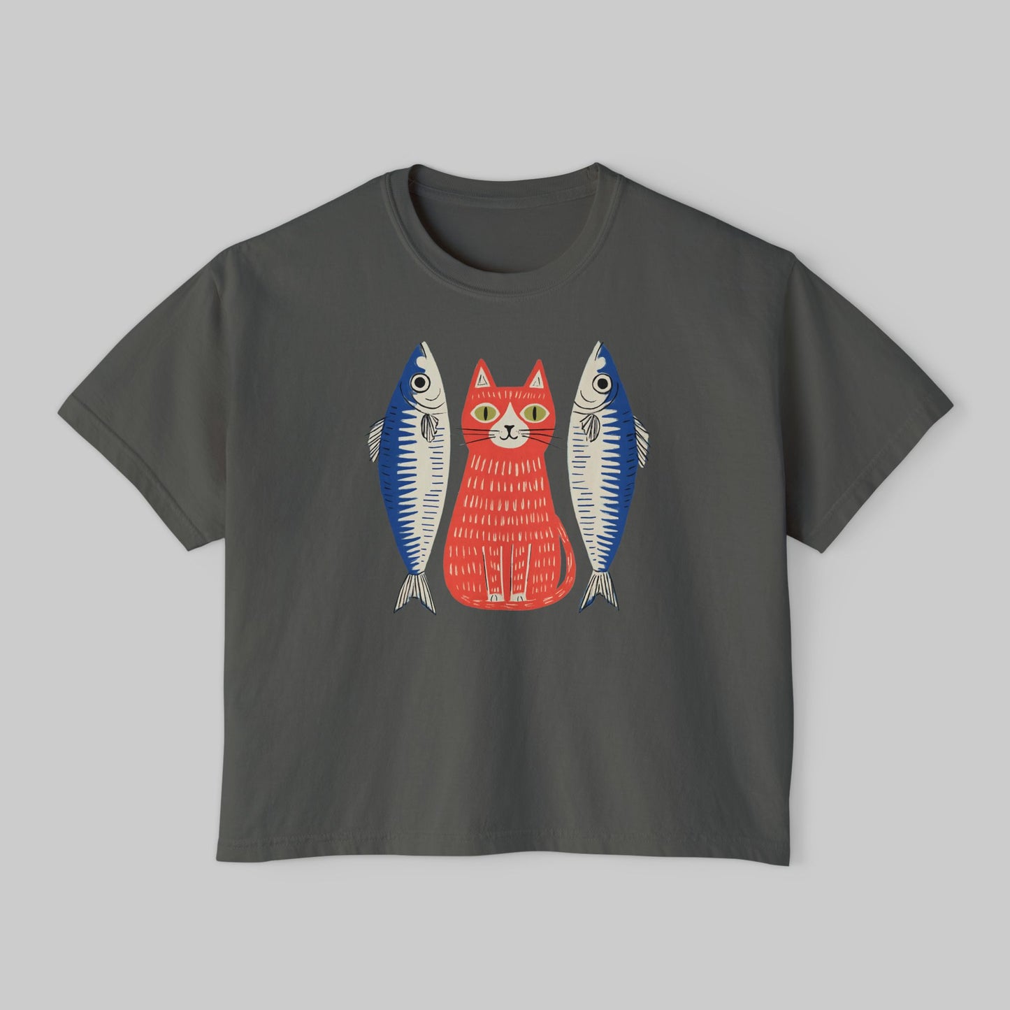 Women's Washed Cropped Top Tee — Whimsical Red Cat with Sardines Graphic Tee