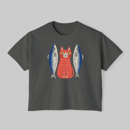 Women's Washed Cropped Top Tee — Whimsical Red Cat with Sardines Graphic Tee