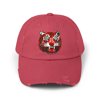 Distressed Cap with Embroidered Tiger Head