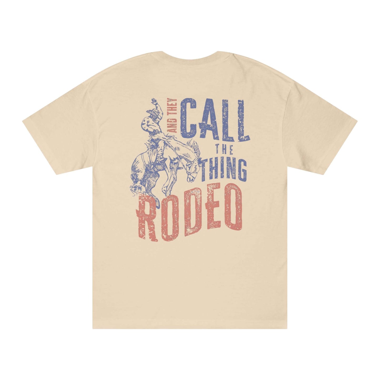 Rodeo Western Cowboy T-Shirt featuring a vintage print and cowboy graphic on the back in faded red and blue.