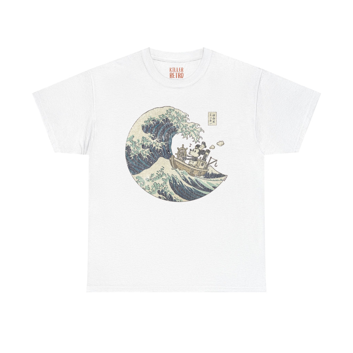 Mickey Mouse Great Wave of Kanagawa t-shirt white tee featuring ukiyo-e ocean wave graphic with Mickey in boat, Japan art style