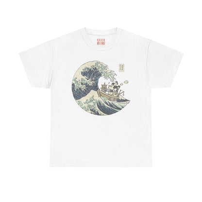 Mickey Mouse Great Wave of Kanagawa t-shirt white tee featuring ukiyo-e ocean wave graphic with Mickey in boat, Japan art style