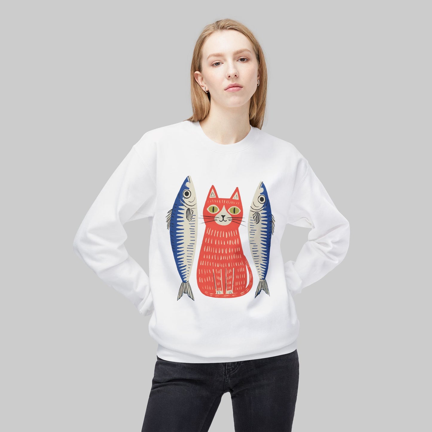 Retro Red Cat with Sardines Crewneck
