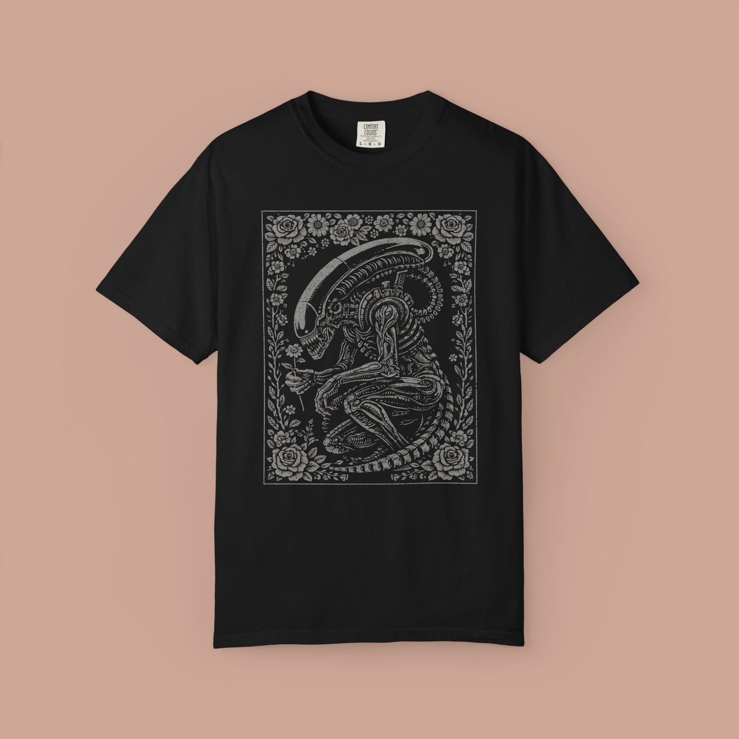 Alien Xenomorph Illustration T-shirt | Vintage Floral Frame