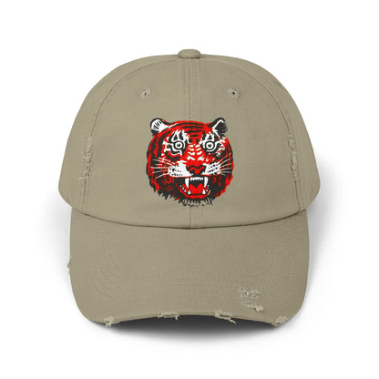 Distressed Cap with Embroidered Tiger Head