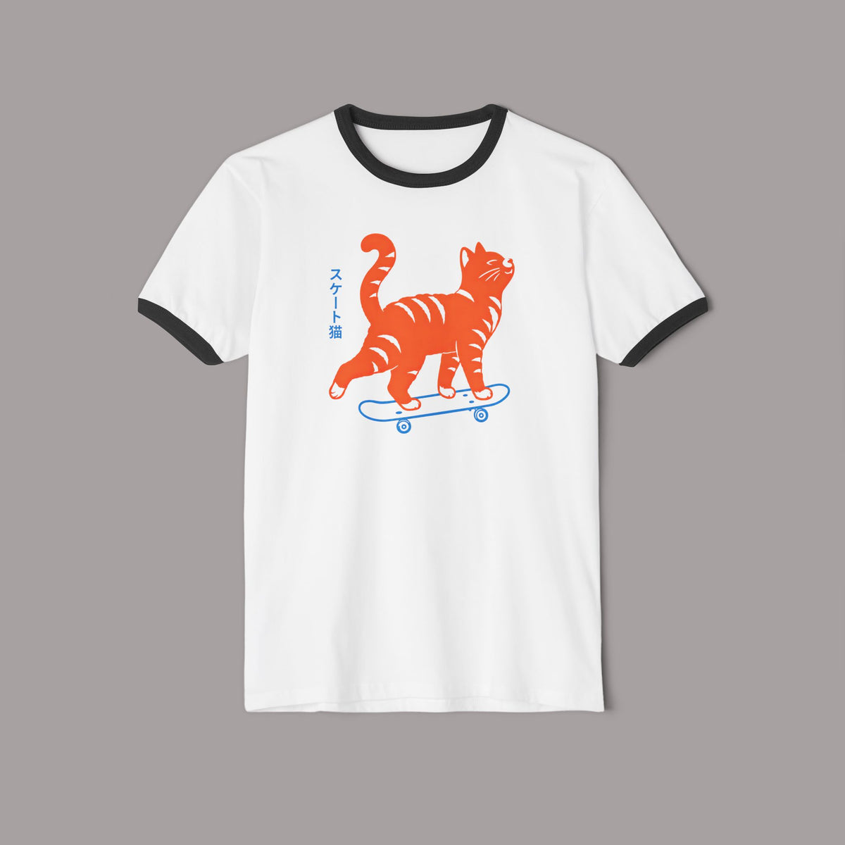 Skateboarding Cat Ringer T‑Shirt — Retro Orange Tabby Skate Tee