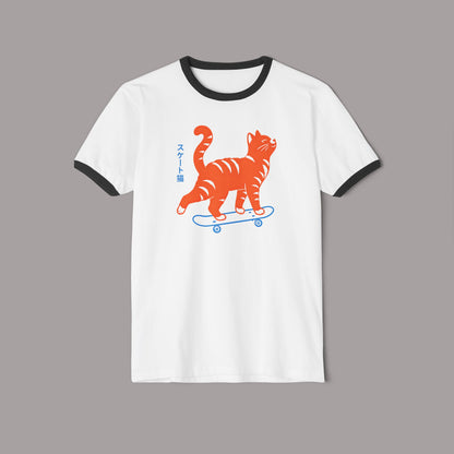 Skateboarding Cat Ringer T‑Shirt — Retro Orange Tabby Skate Tee