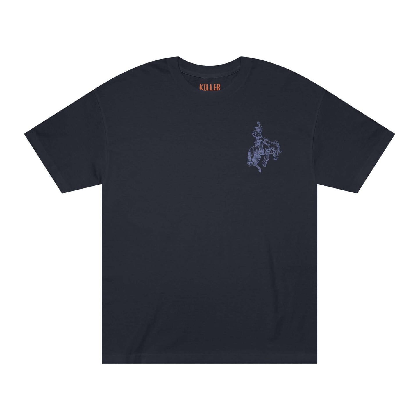 rodeo western cowboy t-shirt front view black tee with small cowboy and horse sketch on left chest