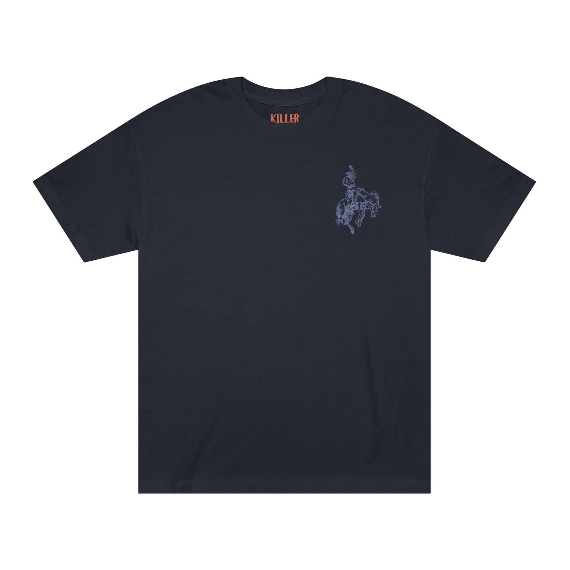 rodeo western cowboy t-shirt front view black tee with small cowboy and horse sketch on left chest