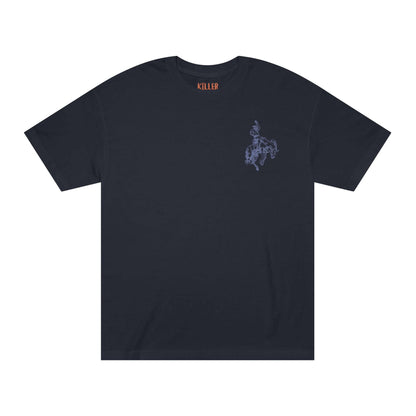 rodeo western cowboy t-shirt front view black tee with small cowboy and horse sketch on left chest