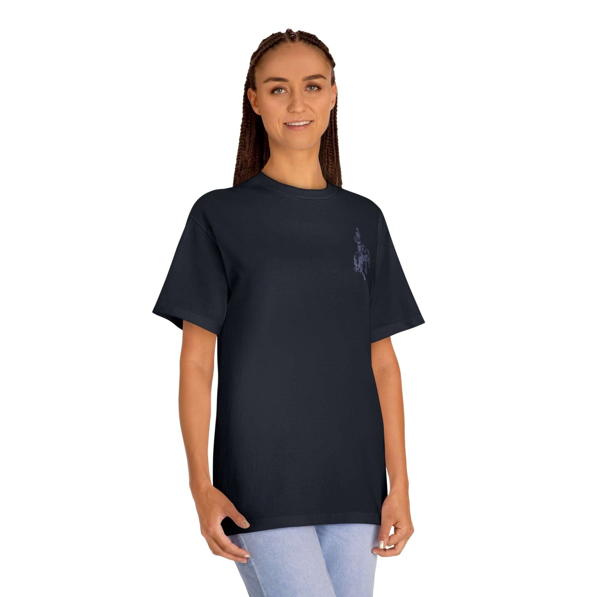 Rodeo Western Cowboy T-Shirt worn by a woman, featuring a small cowboy-and-horse sketch in a classic graphic tee style.
