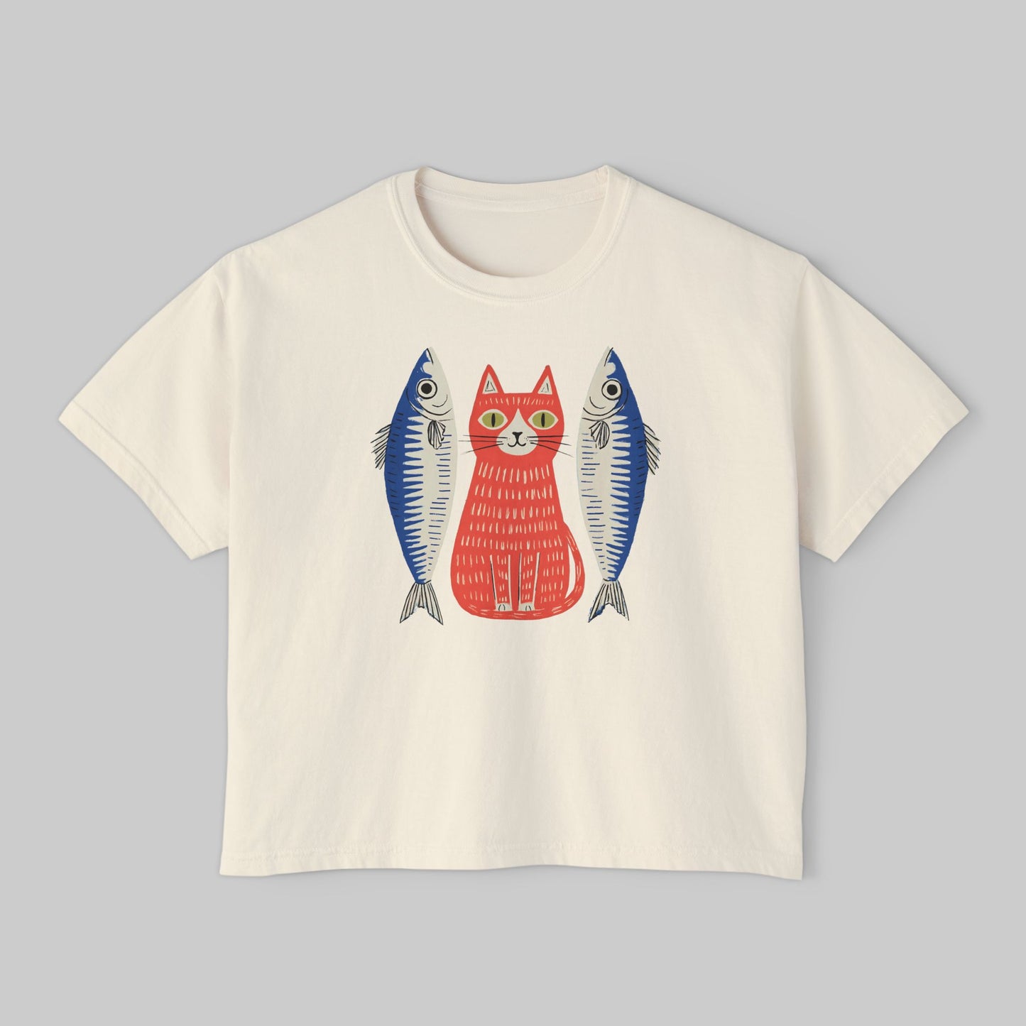 Women's Washed Cropped Top Tee — Whimsical Red Cat with Sardines Graphic Tee