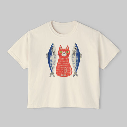 Women's Washed Cropped Top Tee — Whimsical Red Cat with Sardines Graphic Tee