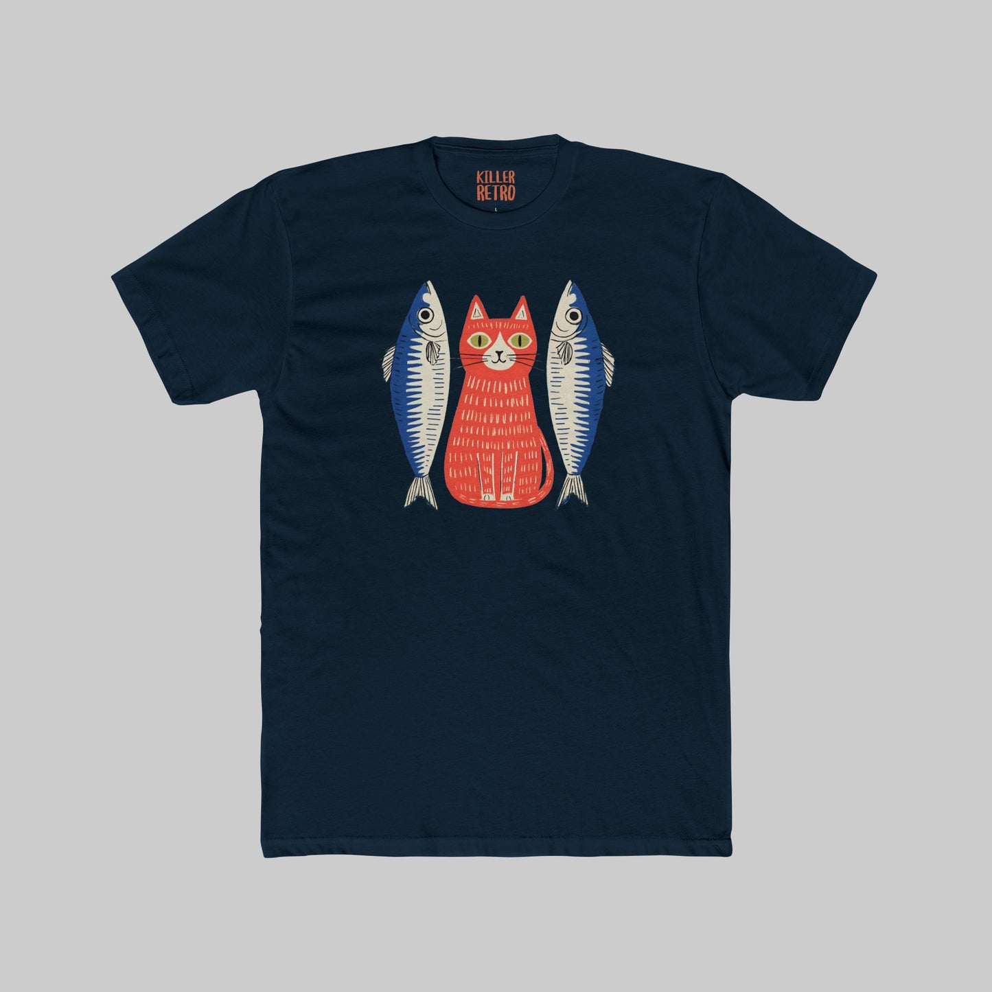Retro Cat & Sardines Graphic T-Shirt — Colorful Hand-Drawn Vintage Tee