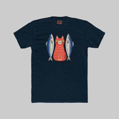 Retro Cat & Sardines Graphic T-Shirt — Colorful Hand-Drawn Vintage Tee