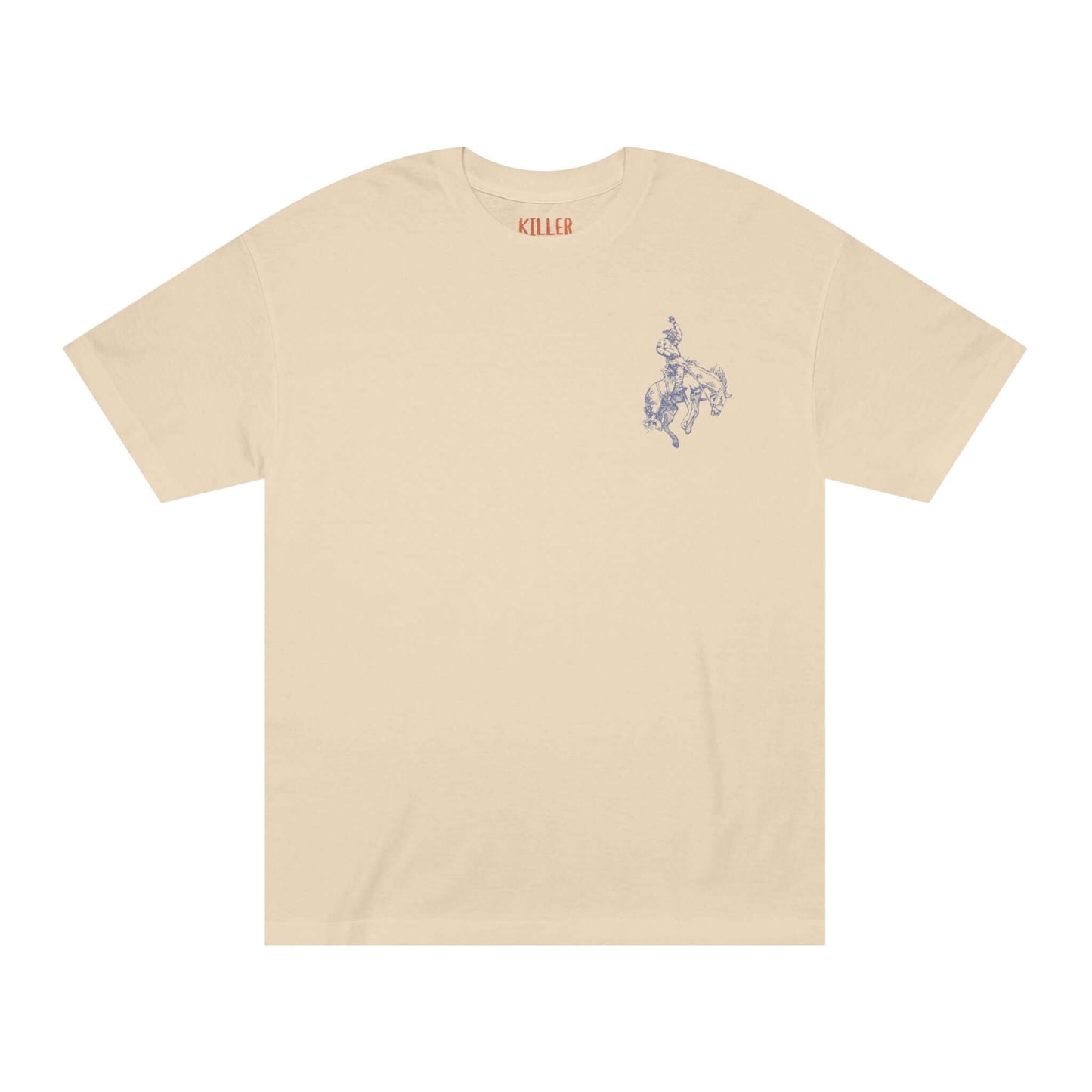 Alt Tag: rodeo western cowboy t-shirt in cream with small cowboy-on-horse chest graphic, classic short-sleeve western rodeo tee