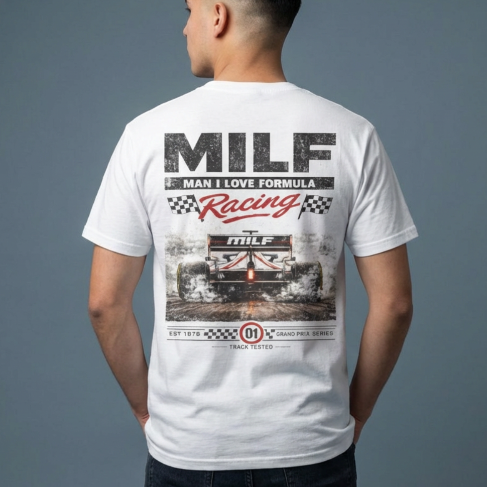 Person wearing a white t-shirt with 'Man I Love Formula Racing' design on the back against a gray background