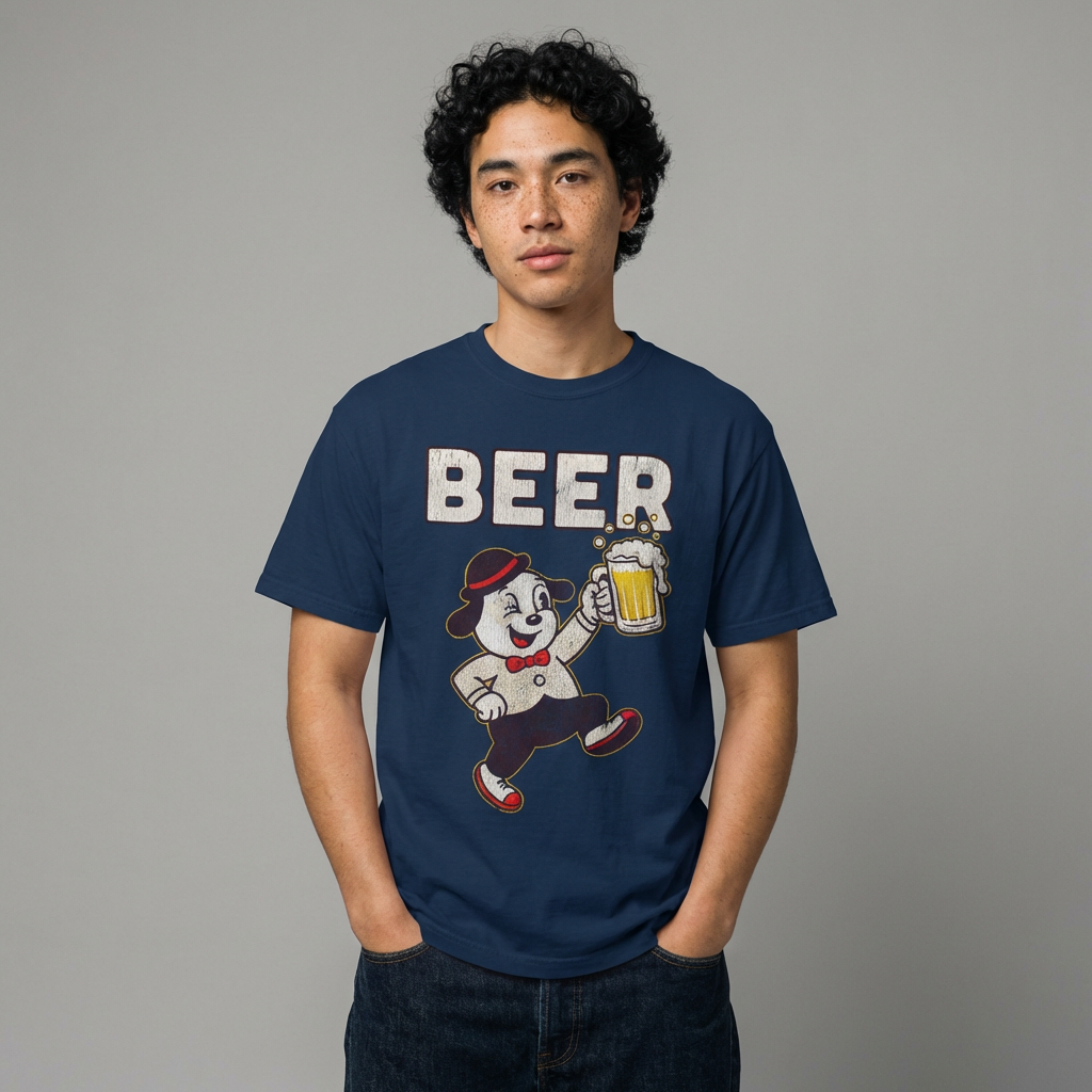 Person wearing a navy blue t-shirt with 'BEER' graphic design on a gray background