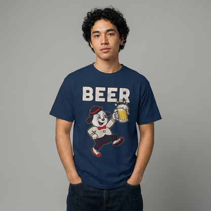 Person wearing a navy blue t-shirt with 'BEER' graphic design on a gray background