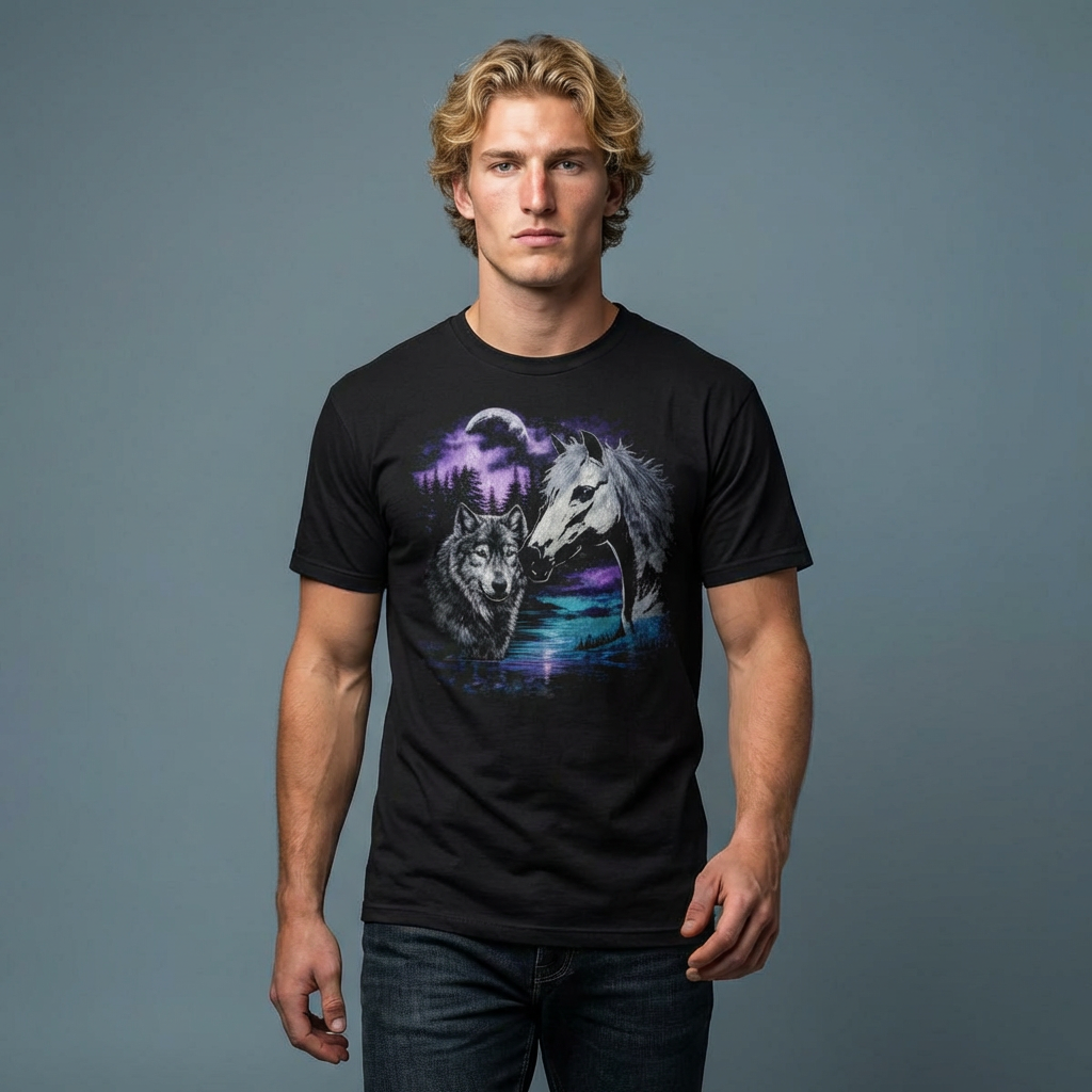 Wolf and Horse Moon T-Shirt | Night Forest Wildlife Scene