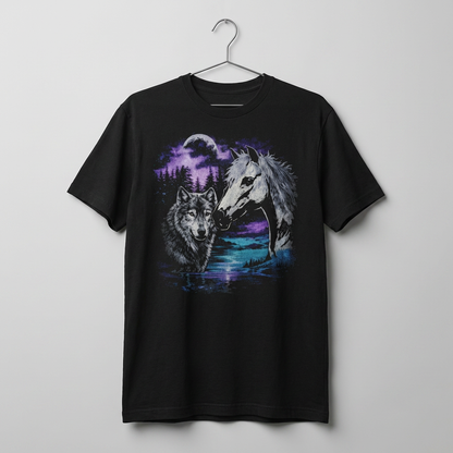 Wolf and Horse Moon T-Shirt | Night Forest Wildlife Scene