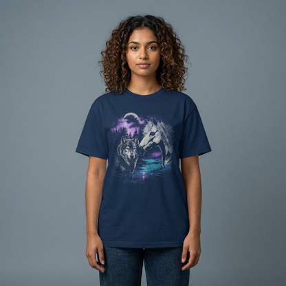 Wolf and Horse Moon T-Shirt | Night Forest Wildlife Scene