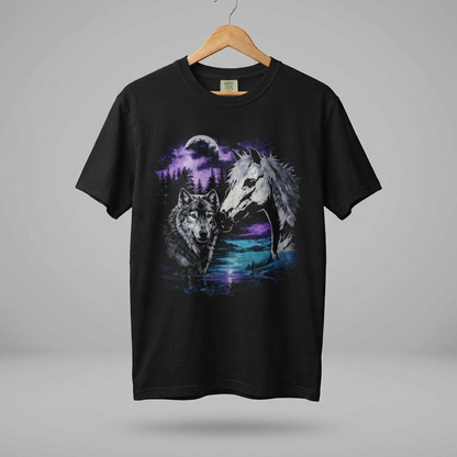 Wolf and Horse Moon T-Shirt | Night Forest Wildlife Scene
