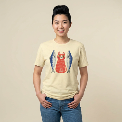 Retro Cat & Sardines Graphic T-Shirt — Colorful Hand-Drawn Vintage Tee