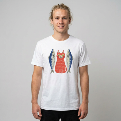 Retro Cat & Sardines Graphic T-Shirt — Colorful Hand-Drawn Vintage Tee