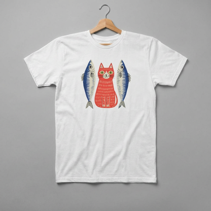 Retro Cat & Sardines Graphic T-Shirt — Colorful Hand-Drawn Vintage Tee