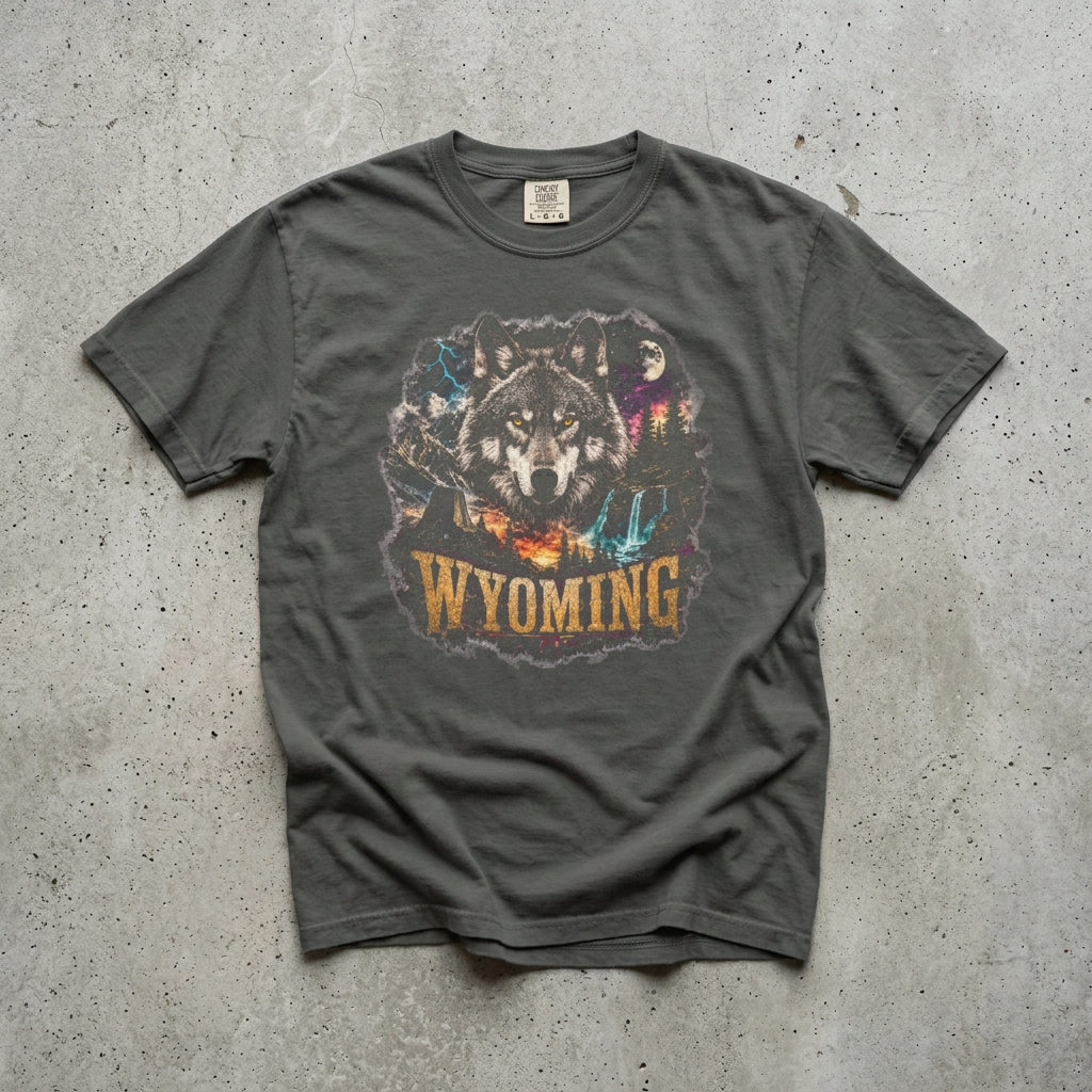 Wyoming Wolf Graphic T-Shirt — Outdoor Mountain Nature Tee