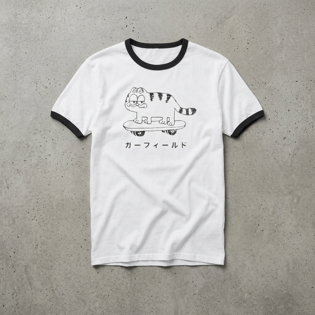 Retro Japanese Cat Skateboard Ringer Tee