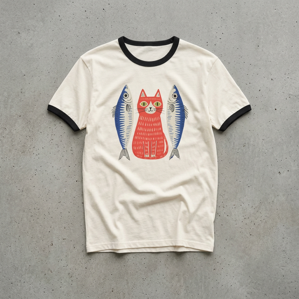 Cat and Fish Retro Ringer Tee