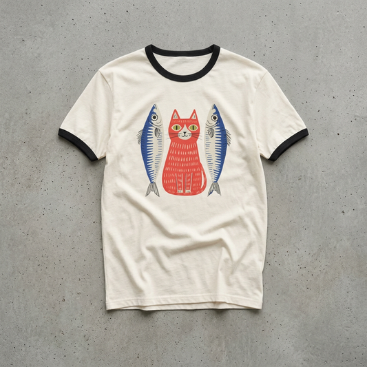 Cat and Fish Retro Ringer Tee