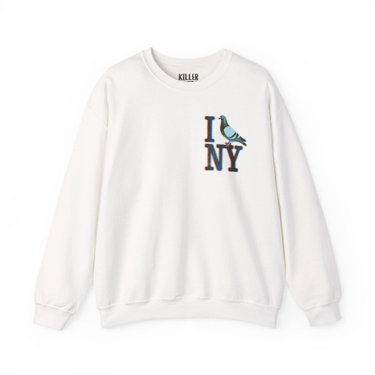 I Pigeon NY crewneck sweatshirt in white with small I NY pigeon graphic on chest, cozy NYC-inspired unisex pullover