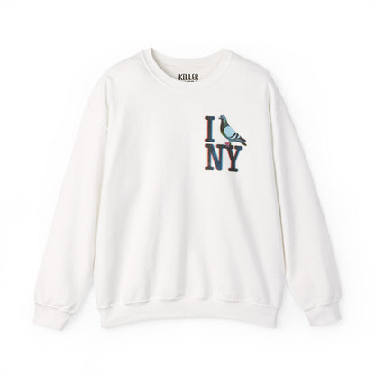 I Pigeon NY crewneck sweatshirt in white with small I NY pigeon graphic on chest, cozy NYC-inspired unisex pullover