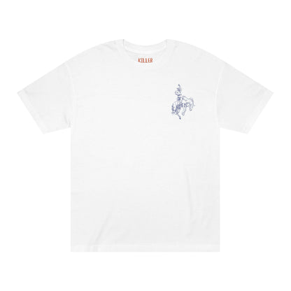 rodeo western cowboy t-shirt white crew neck tee with small cowboy-on-horse sketch on left chest, minimalist western graphic