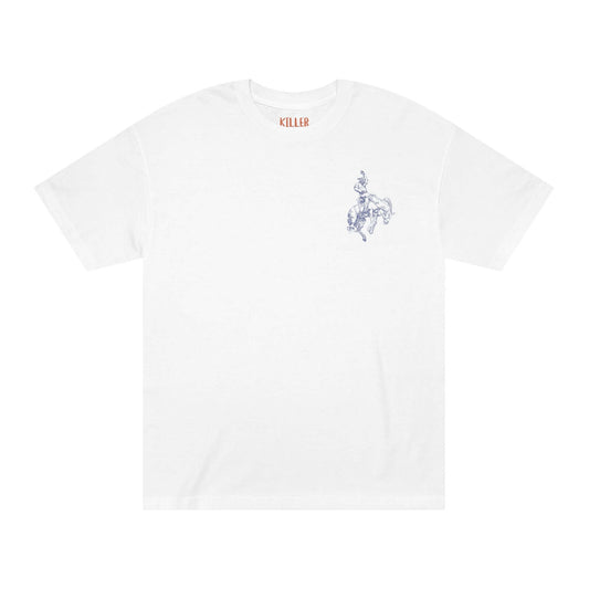 rodeo western cowboy t-shirt white crew neck tee with small cowboy-on-horse sketch on left chest, minimalist western graphic