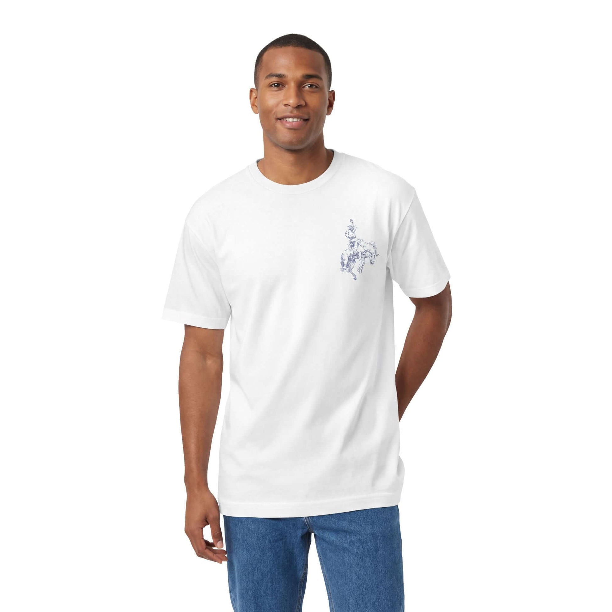 Man wearing a Rodeo Western Cowboy T-Shirt featuring a small cowboy-and-horse sketch on the chest.
