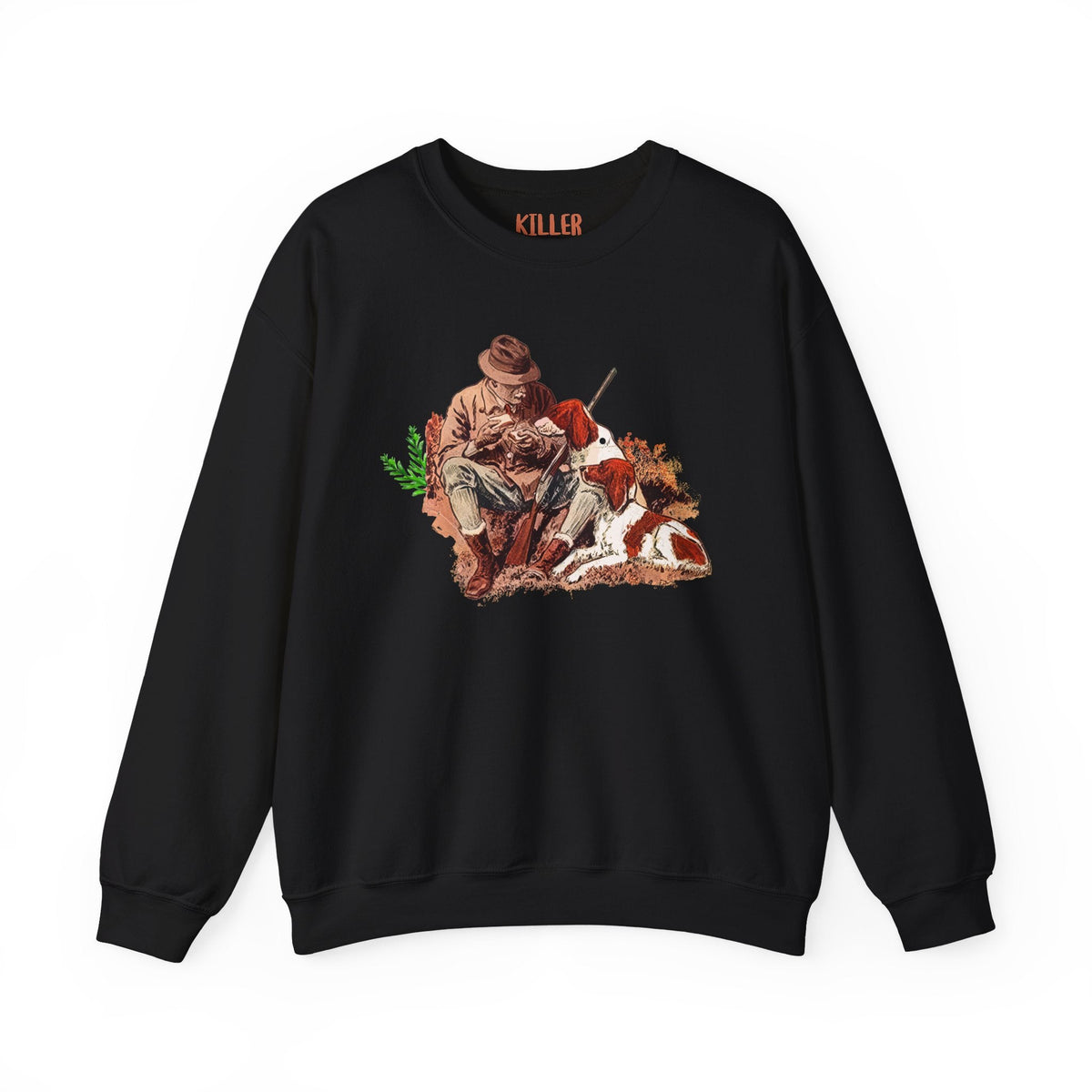 hunter and hound vintage crewneck sweatshirt black crewneck with vintage hunter sitting beside loyal hound illustration