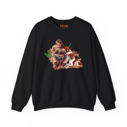 hunter and hound vintage crewneck sweatshirt black crewneck with vintage hunter sitting beside loyal hound illustration