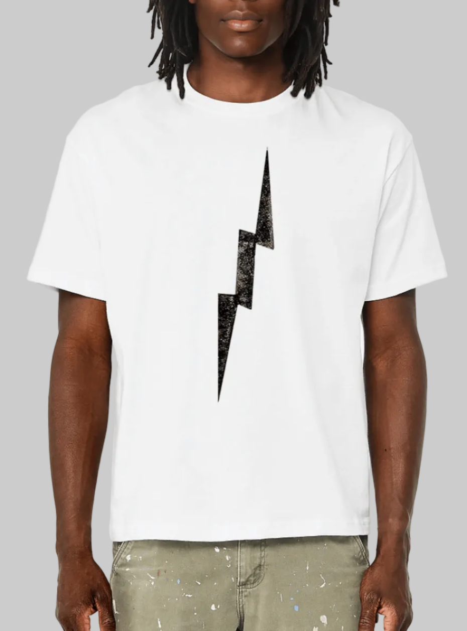 distressed lightning bolt t-shirt on model, white classic-fit tee with distressed bolt graphic centered on chest