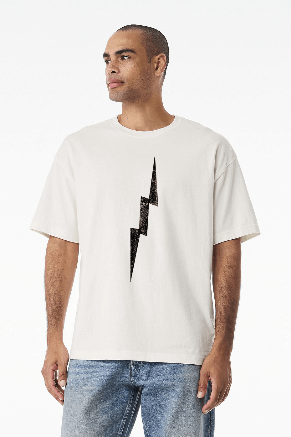 Model wearing distressed lightning bolt t-shirt, white relaxed-fit tee with centered worn-in black lightning graphic