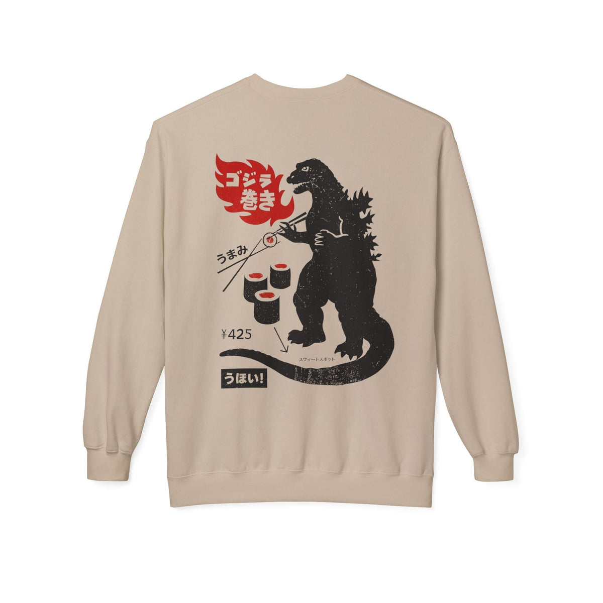 Alt Tag: vintage sushi kaiju sweatshirt back view crewneck with distressed kaiju monster and sushi graphic print in beige