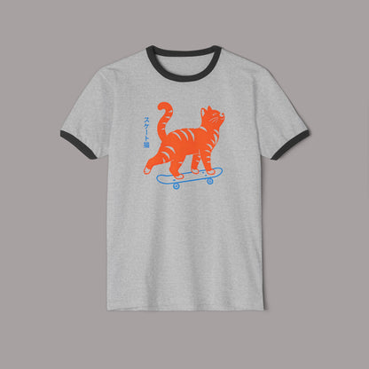 Skateboarding Cat Ringer T‑Shirt — Retro Orange Tabby Skate Tee